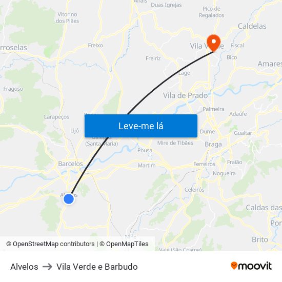 Alvelos to Vila Verde e Barbudo map