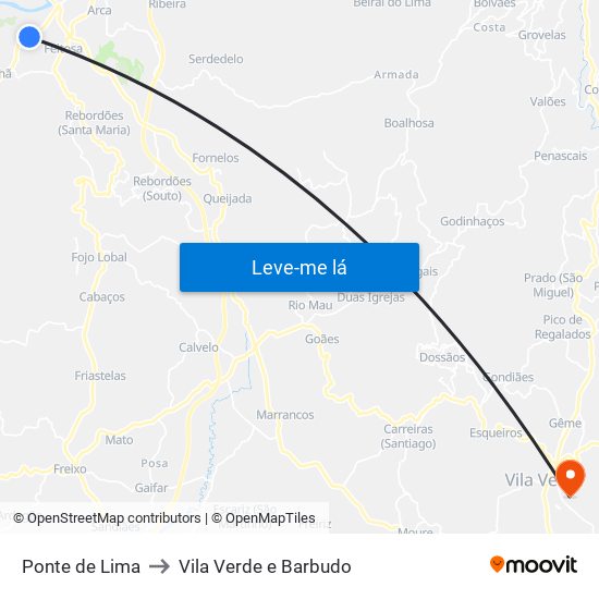 Ponte de Lima to Vila Verde e Barbudo map