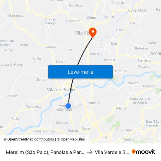 Merelim (São Paio), Panoias e Parada de Tibães to Vila Verde e Barbudo map