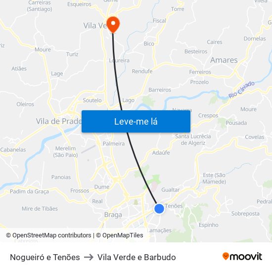 Nogueiró e Tenões to Vila Verde e Barbudo map