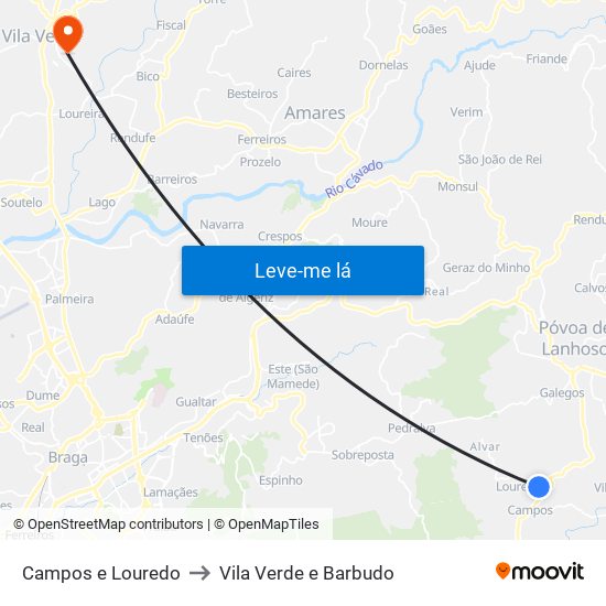 Campos e Louredo to Vila Verde e Barbudo map