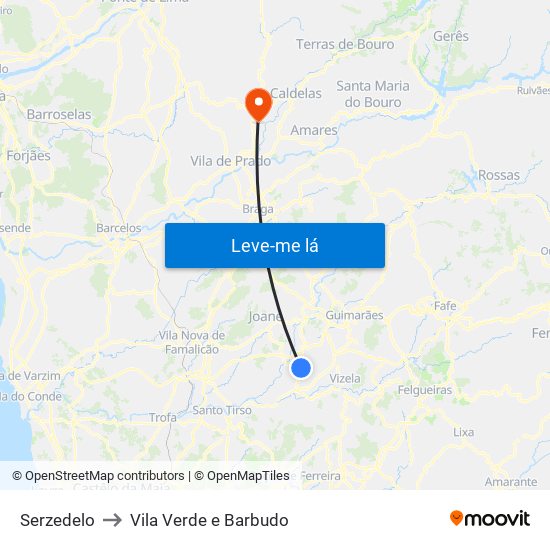 Serzedelo to Vila Verde e Barbudo map