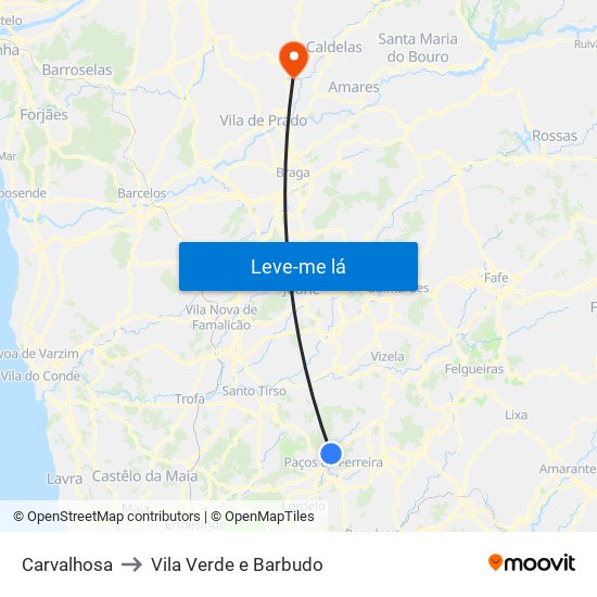 Carvalhosa to Vila Verde e Barbudo map