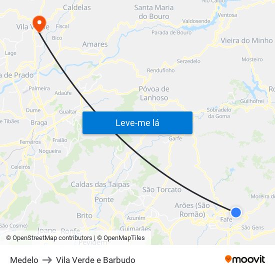 Medelo to Vila Verde e Barbudo map