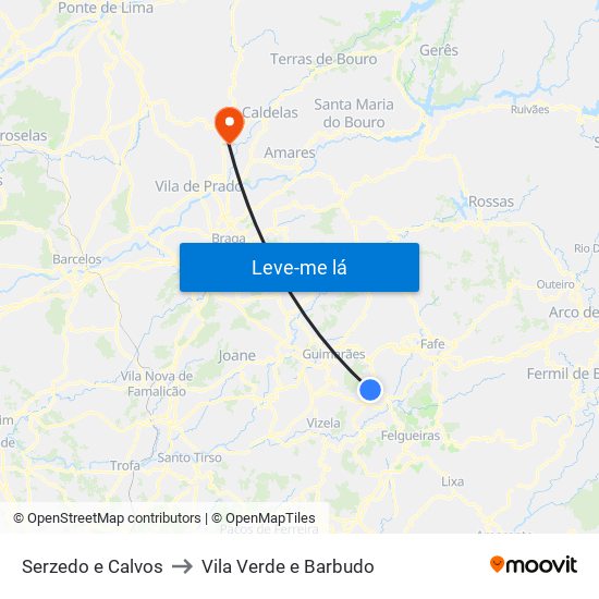 Serzedo e Calvos to Vila Verde e Barbudo map