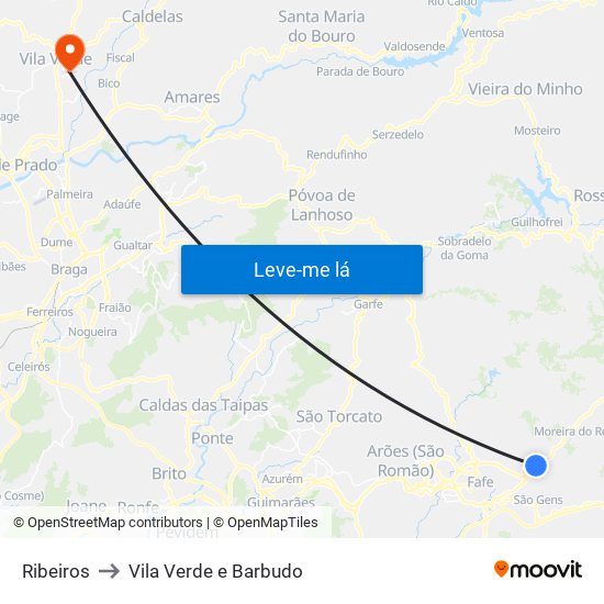 Ribeiros to Vila Verde e Barbudo map