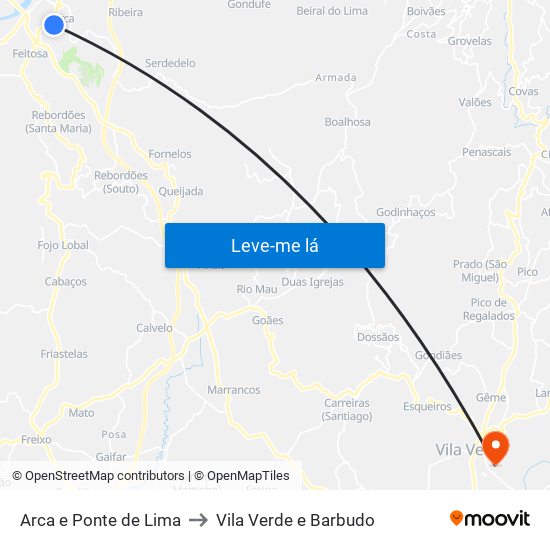 Arca e Ponte de Lima to Vila Verde e Barbudo map