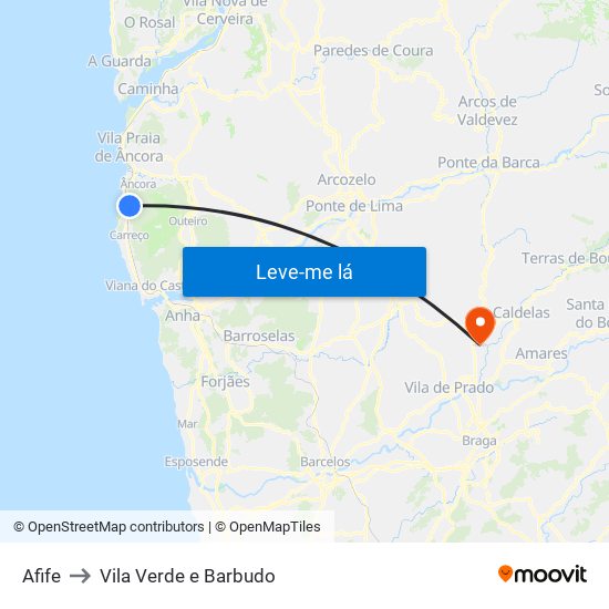 Afife to Vila Verde e Barbudo map