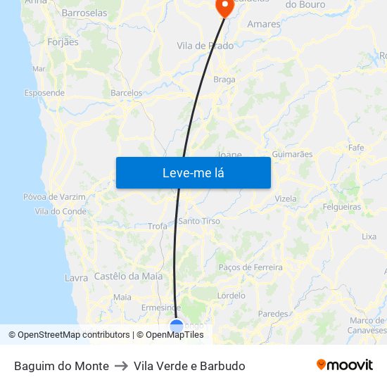 Baguim do Monte to Vila Verde e Barbudo map