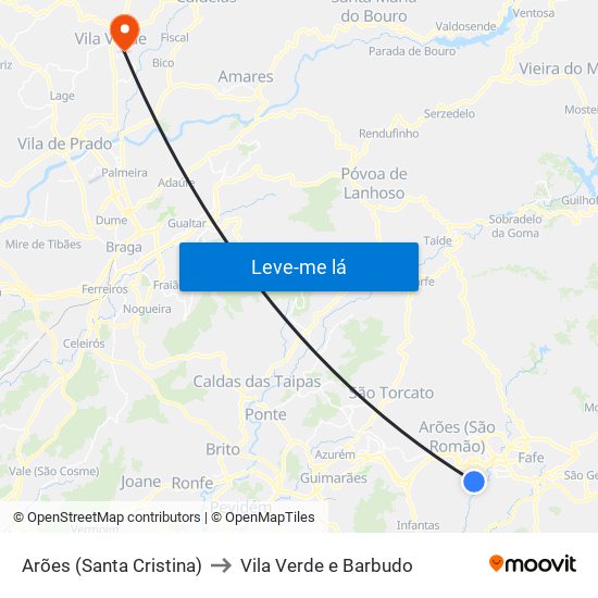 Arões (Santa Cristina) to Vila Verde e Barbudo map