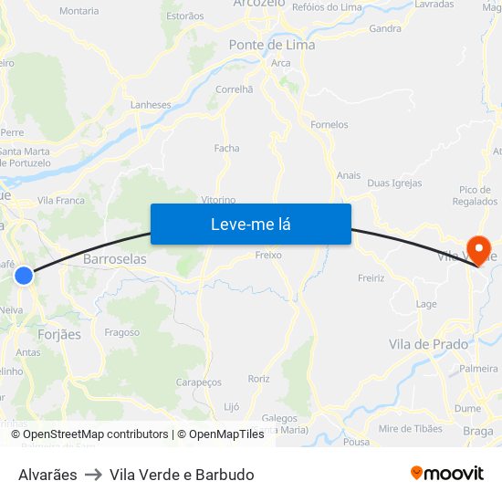 Alvarães to Vila Verde e Barbudo map