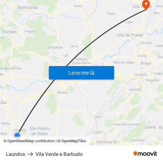 Laundos to Vila Verde e Barbudo map