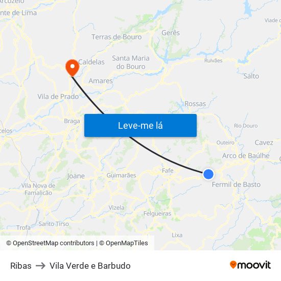 Ribas to Vila Verde e Barbudo map