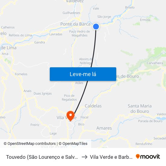 Touvedo (São Lourenço e Salvador) to Vila Verde e Barbudo map