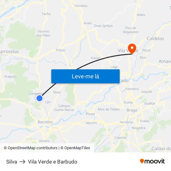 Silva to Vila Verde e Barbudo map