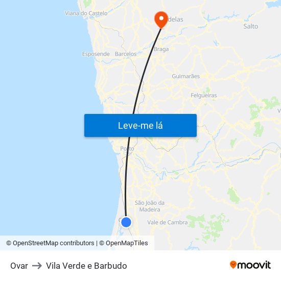 Ovar to Vila Verde e Barbudo map
