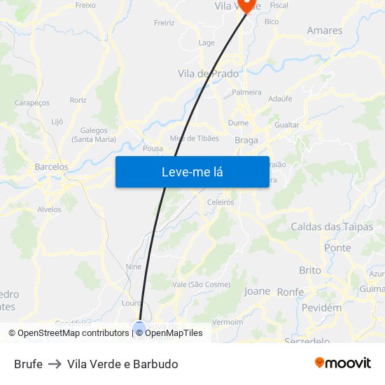 Brufe to Vila Verde e Barbudo map