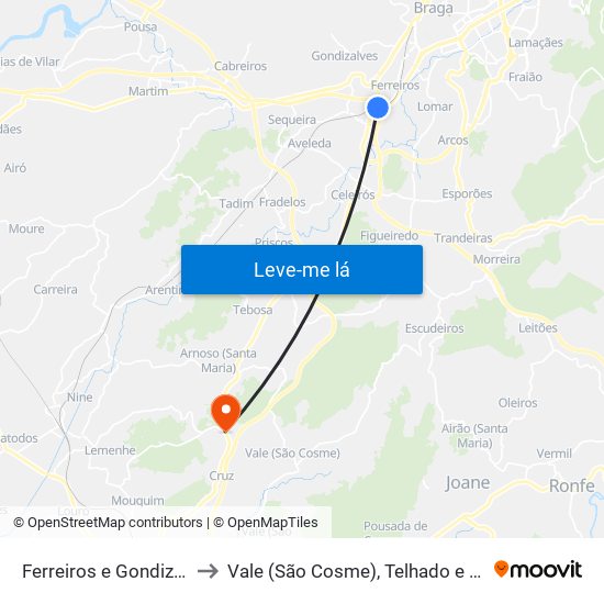 Ferreiros e Gondizalves to Vale (São Cosme), Telhado e Portela map