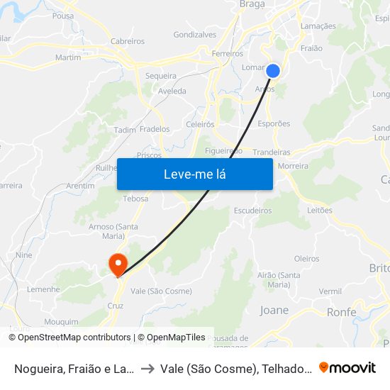 Nogueira, Fraião e Lamaçães to Vale (São Cosme), Telhado e Portela map