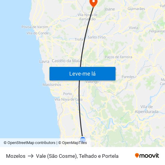 Mozelos to Vale (São Cosme), Telhado e Portela map