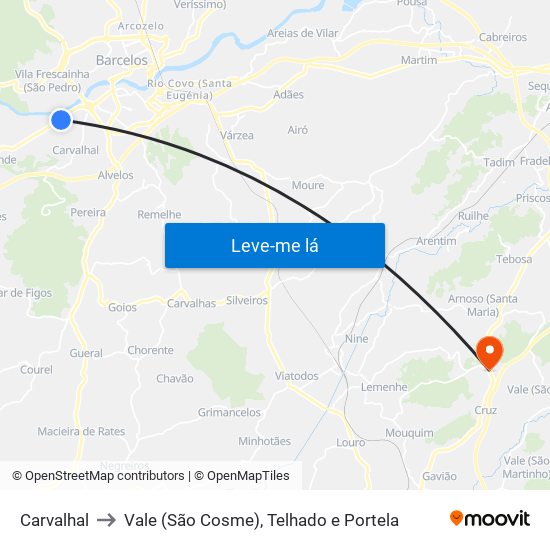 Carvalhal to Vale (São Cosme), Telhado e Portela map