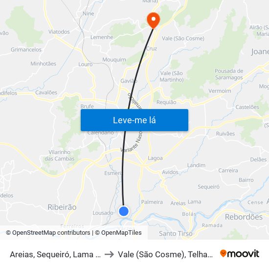 Areias, Sequeiró, Lama e Palmeira to Vale (São Cosme), Telhado e Portela map