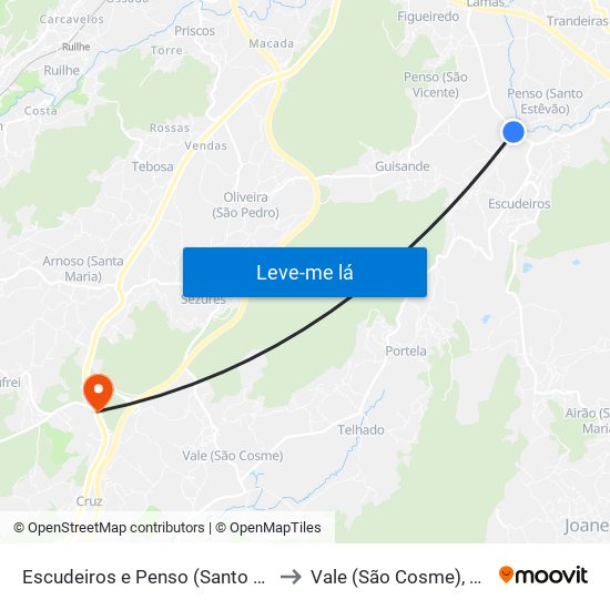 Escudeiros e Penso (Santo Estêvão e São Vicente) to Vale (São Cosme), Telhado e Portela map