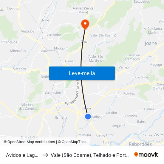 Avidos e Lagoa to Vale (São Cosme), Telhado e Portela map