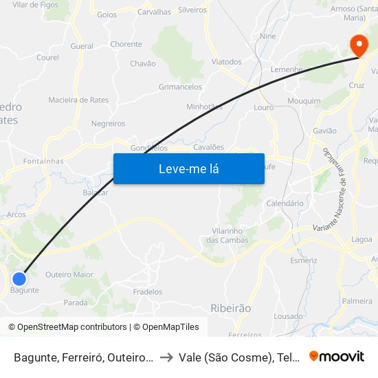 Bagunte, Ferreiró, Outeiro Maior e Parada to Vale (São Cosme), Telhado e Portela map