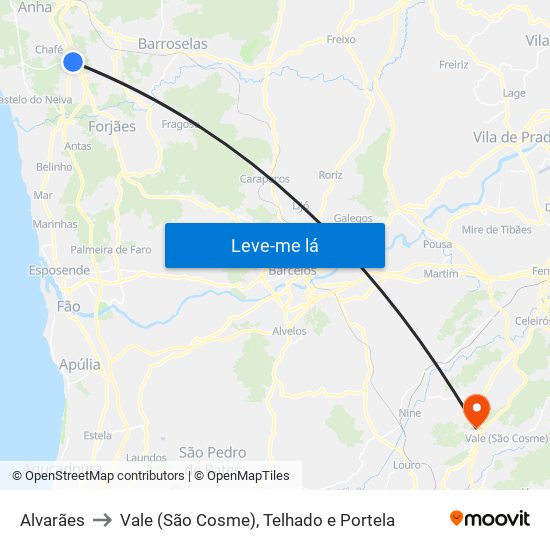 Alvarães to Vale (São Cosme), Telhado e Portela map
