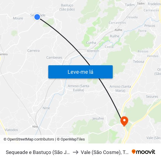 Sequeade e Bastuço (São João e Santo Estêvão) to Vale (São Cosme), Telhado e Portela map