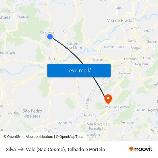 Silva to Vale (São Cosme), Telhado e Portela map