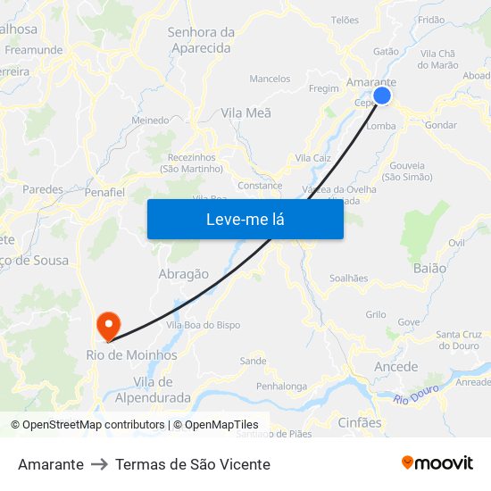 Amarante to Termas de São Vicente map
