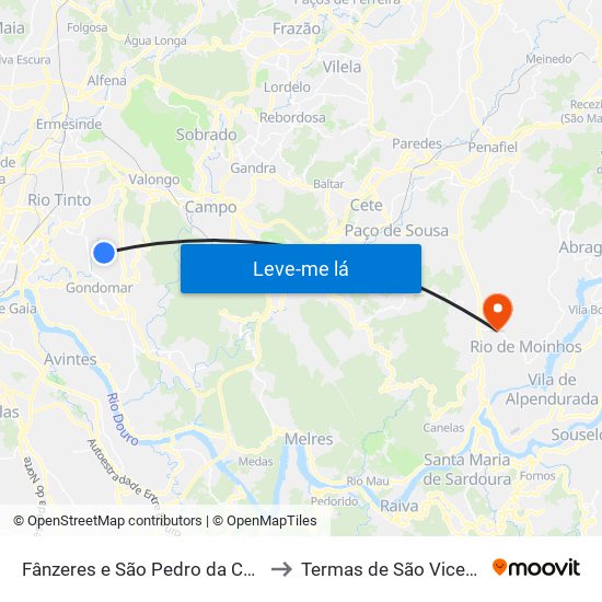 Fânzeres e São Pedro da Cova to Termas de São Vicente map