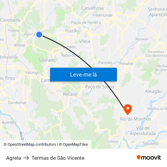 Agrela to Termas de São Vicente map