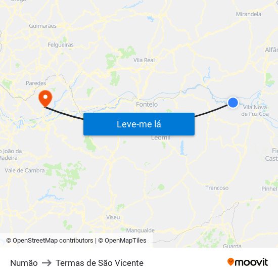 Numão to Termas de São Vicente map