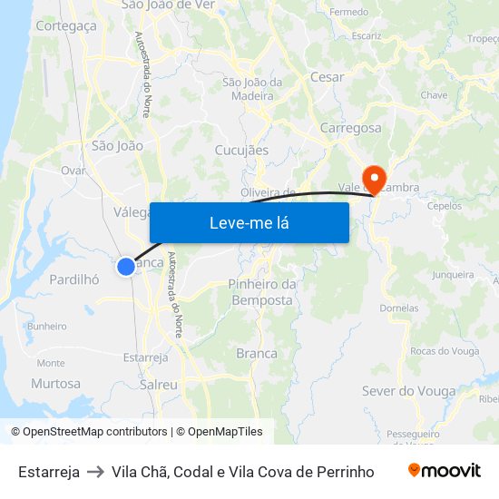 Estarreja to Vila Chã, Codal e Vila Cova de Perrinho map