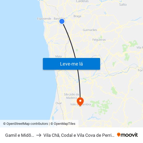 Gamil e Midões to Vila Chã, Codal e Vila Cova de Perrinho map