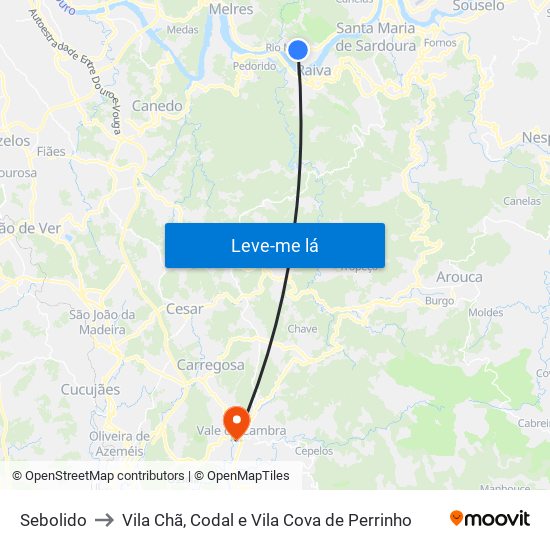 Sebolido to Vila Chã, Codal e Vila Cova de Perrinho map