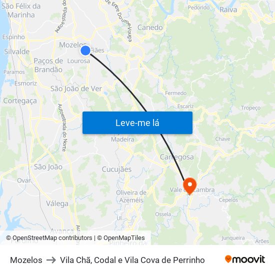 Mozelos to Vila Chã, Codal e Vila Cova de Perrinho map