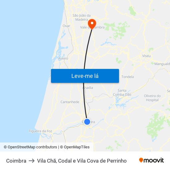 Coimbra to Vila Chã, Codal e Vila Cova de Perrinho map