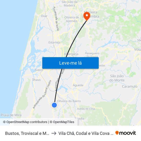 Bustos, Troviscal e Mamarrosa to Vila Chã, Codal e Vila Cova de Perrinho map