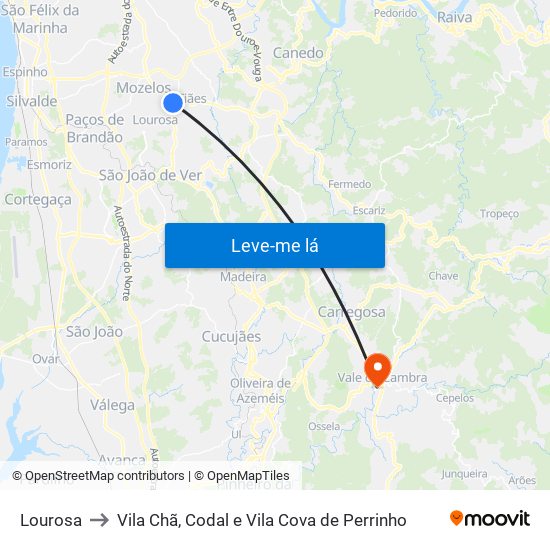 Lourosa to Vila Chã, Codal e Vila Cova de Perrinho map