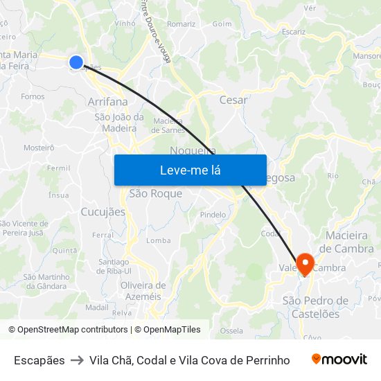 Escapães to Vila Chã, Codal e Vila Cova de Perrinho map