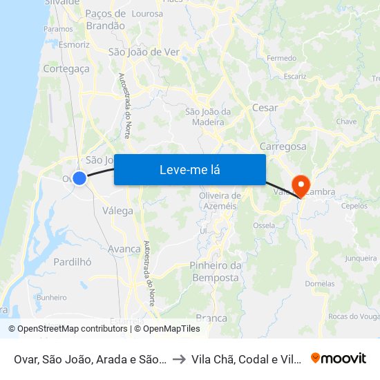 Ovar, São João, Arada e São Vicente de Pereira Jusã to Vila Chã, Codal e Vila Cova de Perrinho map