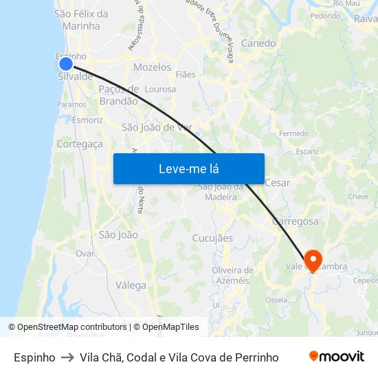 Espinho to Vila Chã, Codal e Vila Cova de Perrinho map