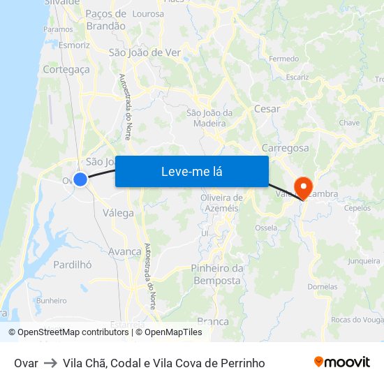 Ovar to Vila Chã, Codal e Vila Cova de Perrinho map