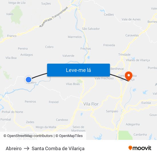 Abreiro to Santa Comba de Vilariça map