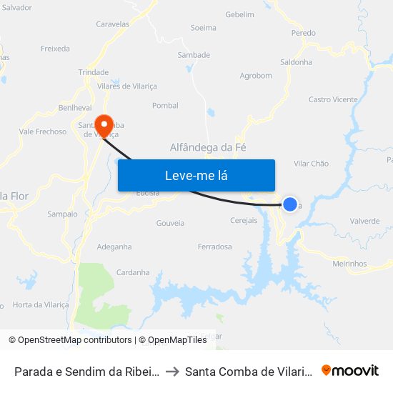 Parada e Sendim da Ribeira to Santa Comba de Vilariça map