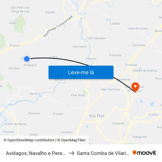 Avidagos, Navalho e Pereira to Santa Comba de Vilariça map